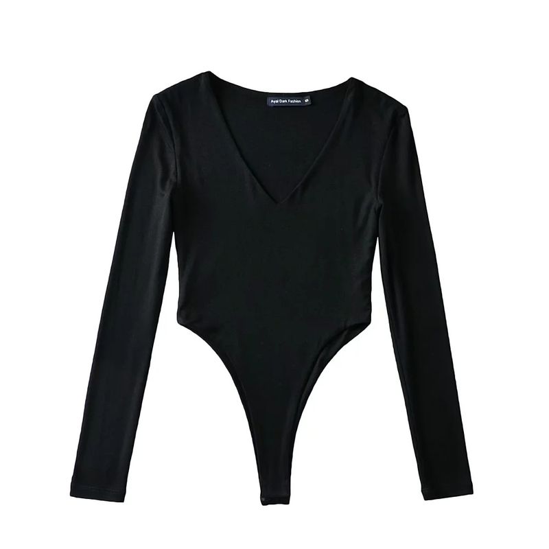 Tuta a doppio strato attillata con scollo a V profondo e maniche lunghe per donna primavera autunno sexy puro desiderio vita laterale cava_voghion.com