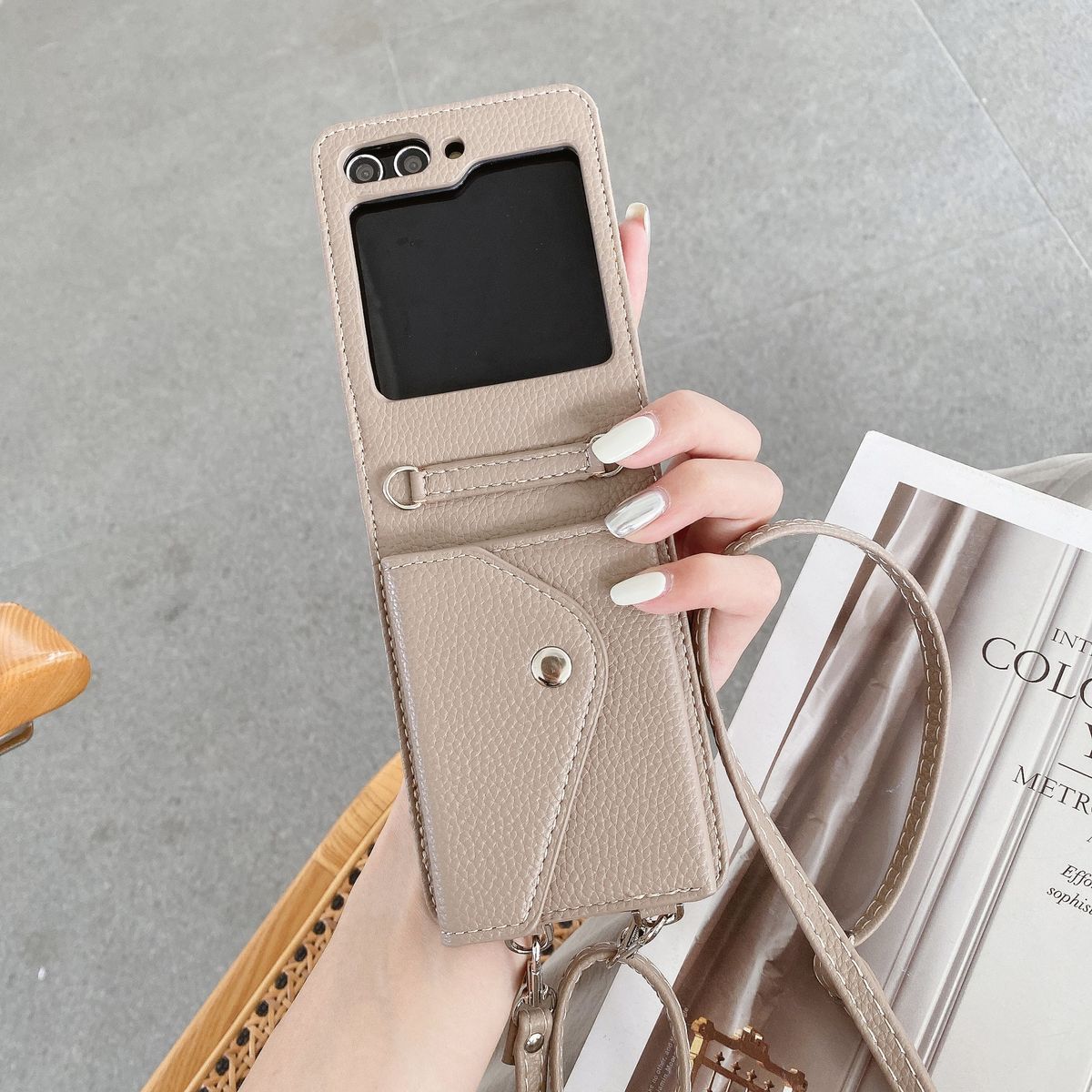 Mobile phone case for Samsung Z Flip 3/4/5 mobile phone case Galaxy folding litchi pattern diagonal triangle card holder protective case_voghion.com