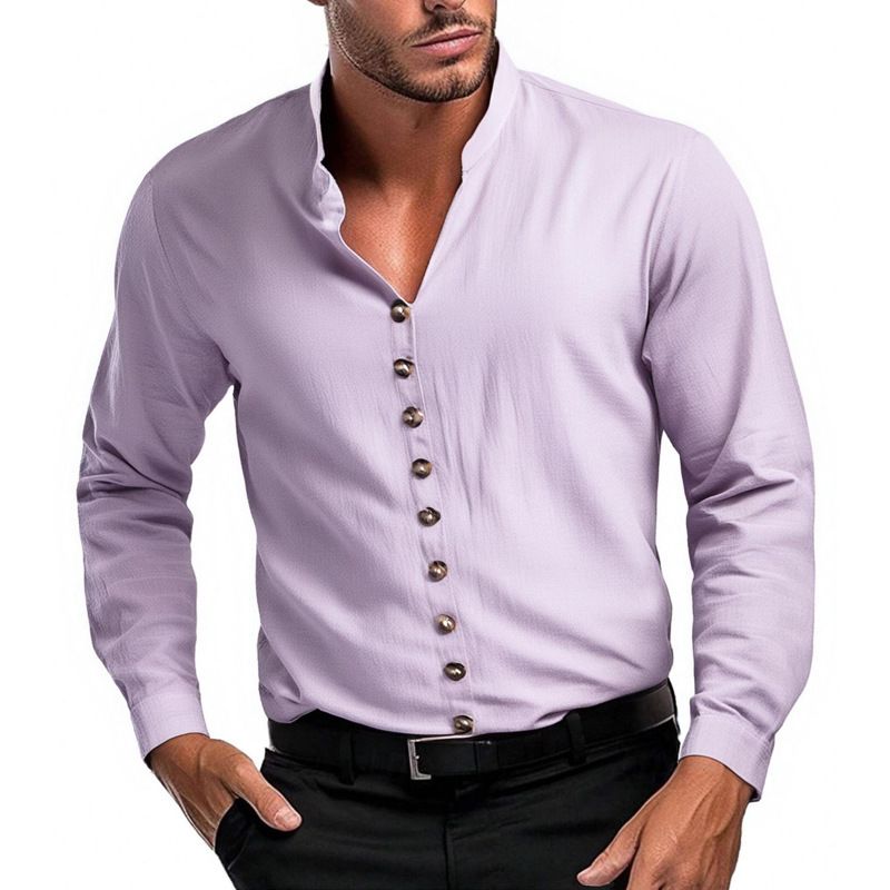 Camicia da uomo casual a maniche lunghe, tinta unita, con colletto alto, traspirante e versatile_voghion.com