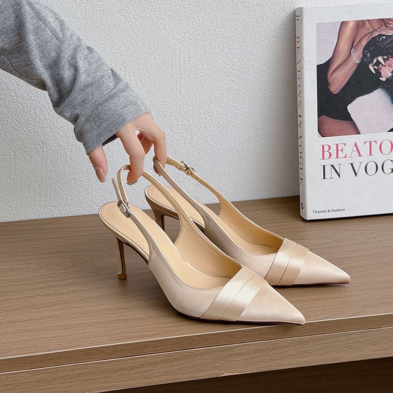 Baotou Thin Heel Sandals Women's Pointed Head French Temperament Satin Apricot One-word Buckle With Versatile Sandals Women_voghion.com