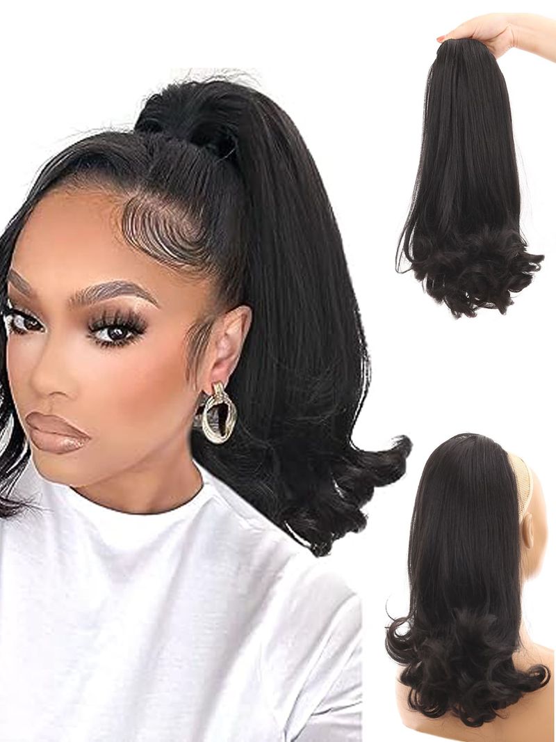 16 inches natural black mid-length micro-curly tail drawstring ponytail hair extension suitable for Japanese daily wear_voghion.com