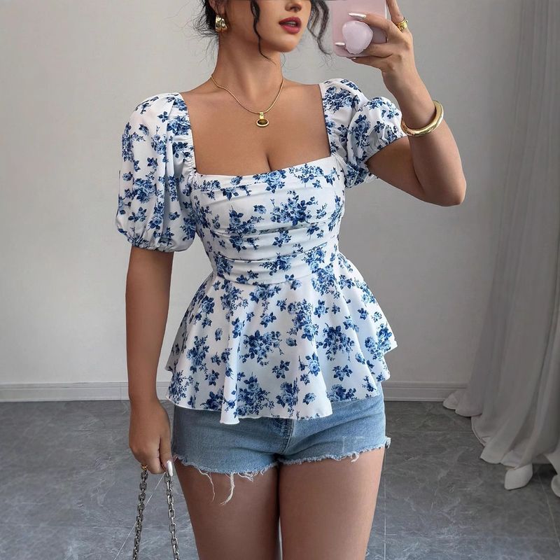 Camicia a maniche corte con scollo quadrato e motivo floreale, casual e alla moda da donna_voghion.com