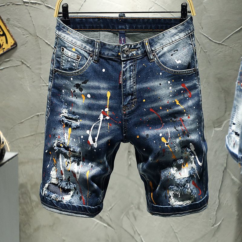 Men's Clothing 2025 Summer High Street Trendy Men's Spring Five-point Shorts Hand-painted Paint Hole Patch Patch Denim Shorts For Men_voghion.com