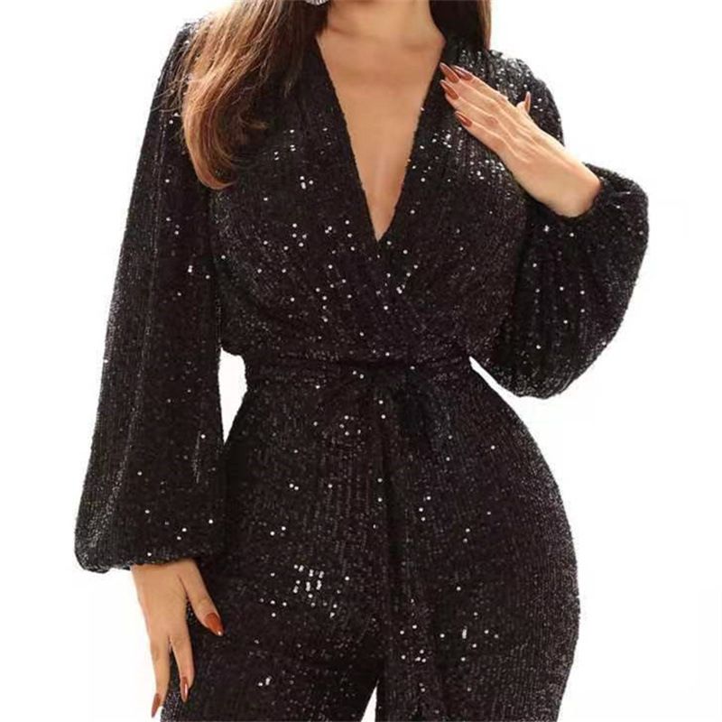Jumpsuits met pailletten voor dames, sexy broek met wijde pijpen met V-hals_voghion.com