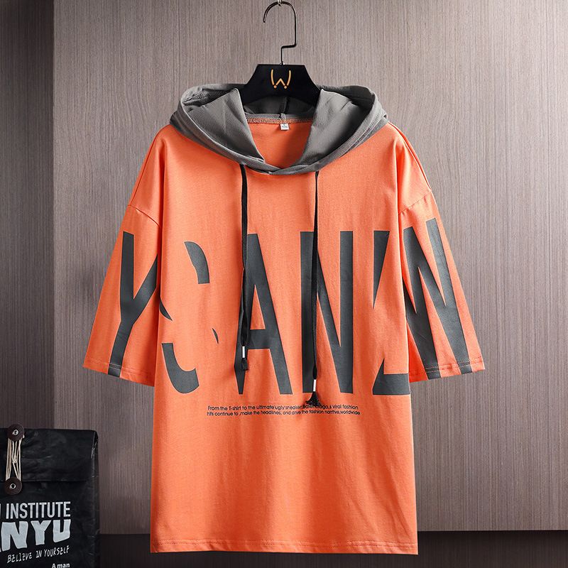 Herrenbekleidung Kurzarm T-Shirt Herren Sommer Marke lose Druck Jugendmode lässig Hoodie Männer_voghion.com