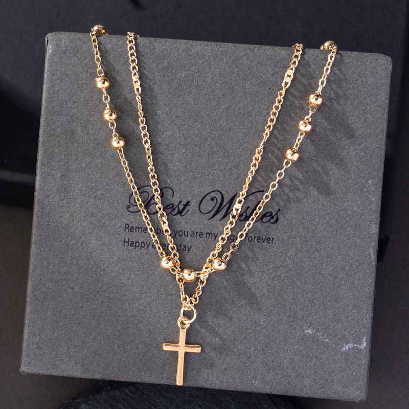 Spring And Summer New Metal Glossy Cross Double Layer Necklace Fashion Round Bead Design Clavicle Chain_voghion.com