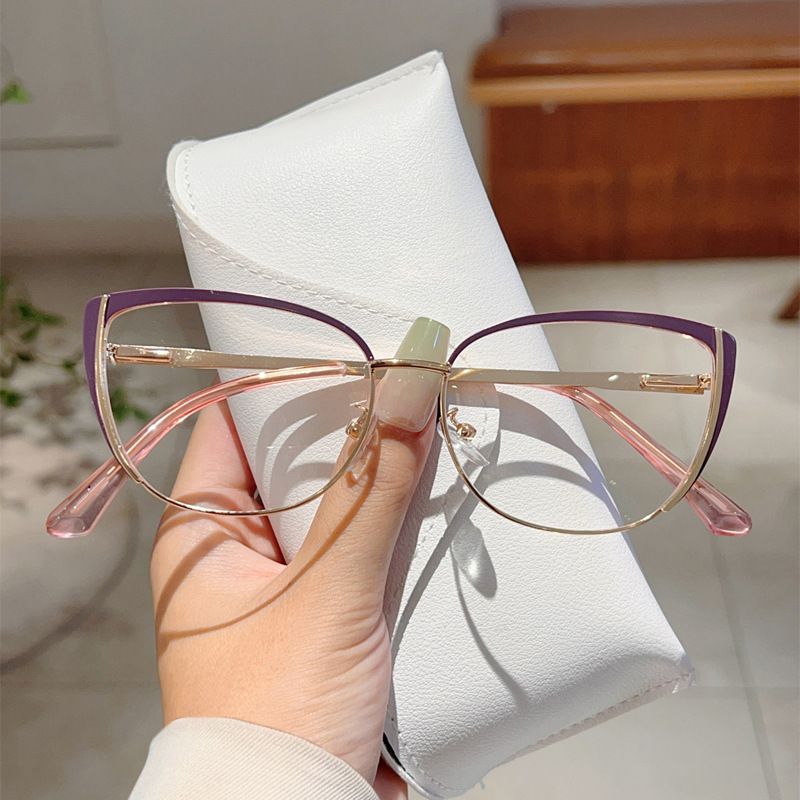 Nieuwe Cat Eye metalen anti-blauwlichtbril met veerpoot, eenvoudig en veelzijdig, geen graden platte lens_voghion.com