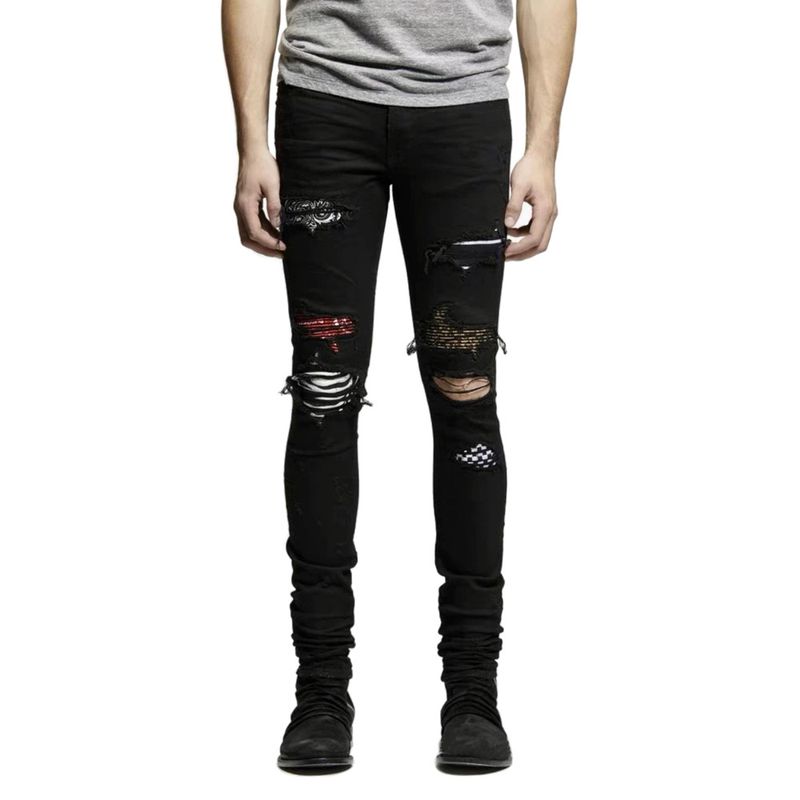 Jeans da uomo, modello patchwork leopardato con fiori di anacardi e buchi, jeans elastici Small Foot alla moda_voghion.com