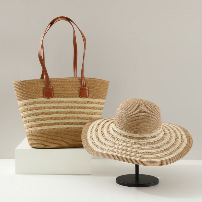 Borse da donna Cappello di paglia Borsa di paglia intrecciata a cinque fili Set da due pezzi Cappello da sole Set di borse tote di grande capacità Borsa classica intrecciata_voghion.com