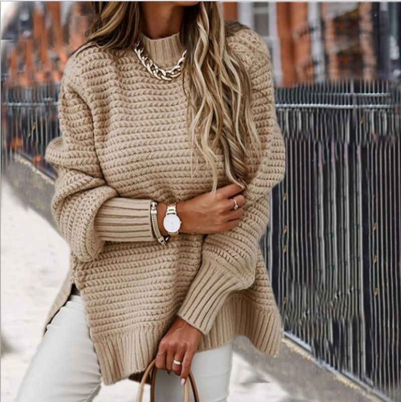 Gemütlicher Oversize-Strickpullover für Damen, langärmelig, Rundhalsausschnitt, lässig, lockere Passform, Herbst-Winter-Oberteile_voghion.com