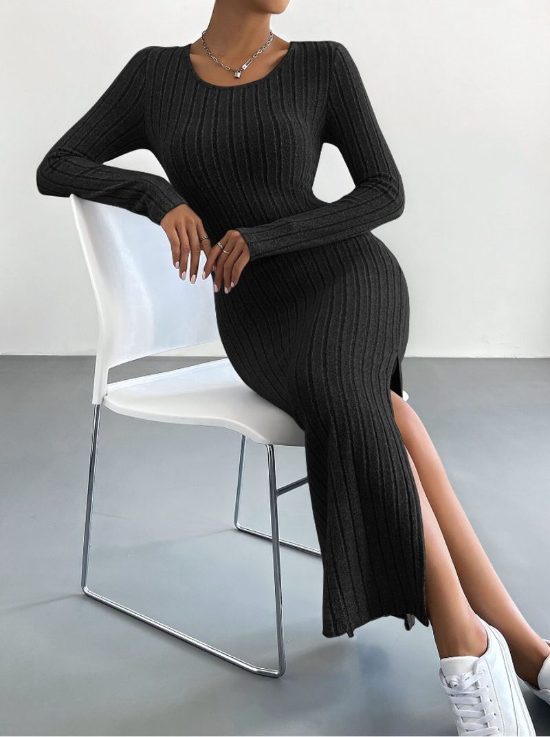 Neues Herbst- und Winterkleid für Damen in einfarbiger Langarm-Rundhalsausschnitt mit Schlitz_voghion.com