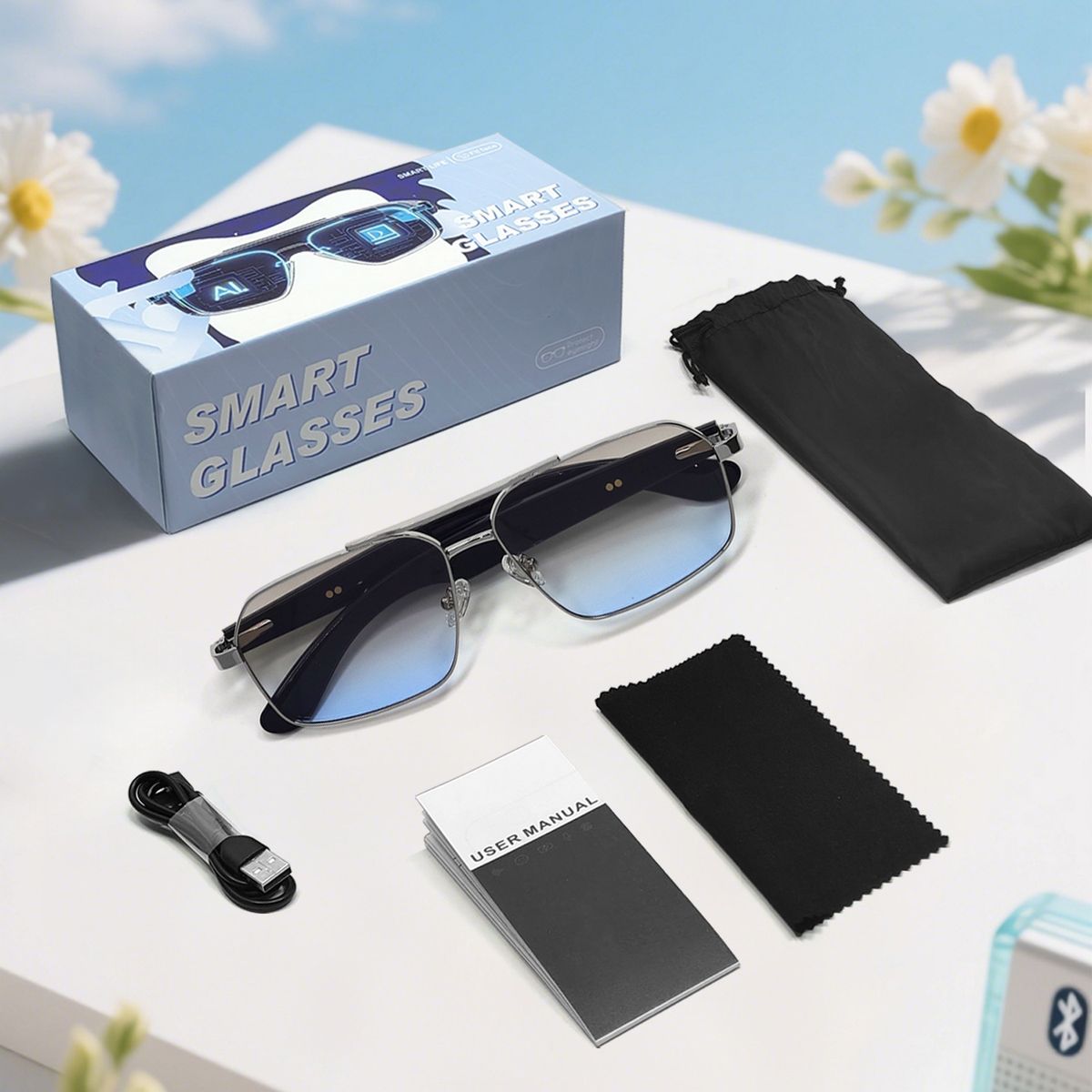 GT31 Automatic On/Off Bluetooth Glasses With Metal Spring Hinge - AI Smart Glasses For Music & Calls (Silver Frame - Gray Lens)_voghion.com