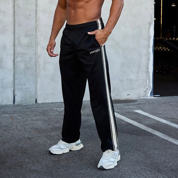 Pantalones deportivos y de fitness casuales para hombre con bordados a rayas y empalme de cinta en blanco y negro, pierna recta para jóvenes_voghion.com
