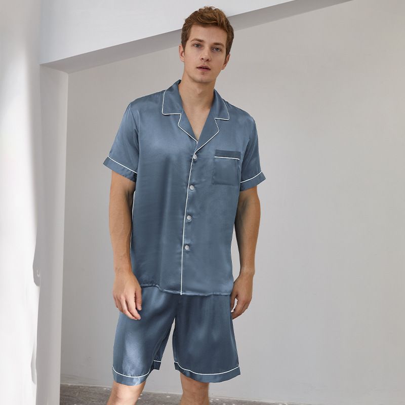 Men's Sleep Short Sleeved Shorts Heavy Silk Pajamas Set Summer Comfortable Mulberry Silk Home Clothes Pajamas_voghion.com