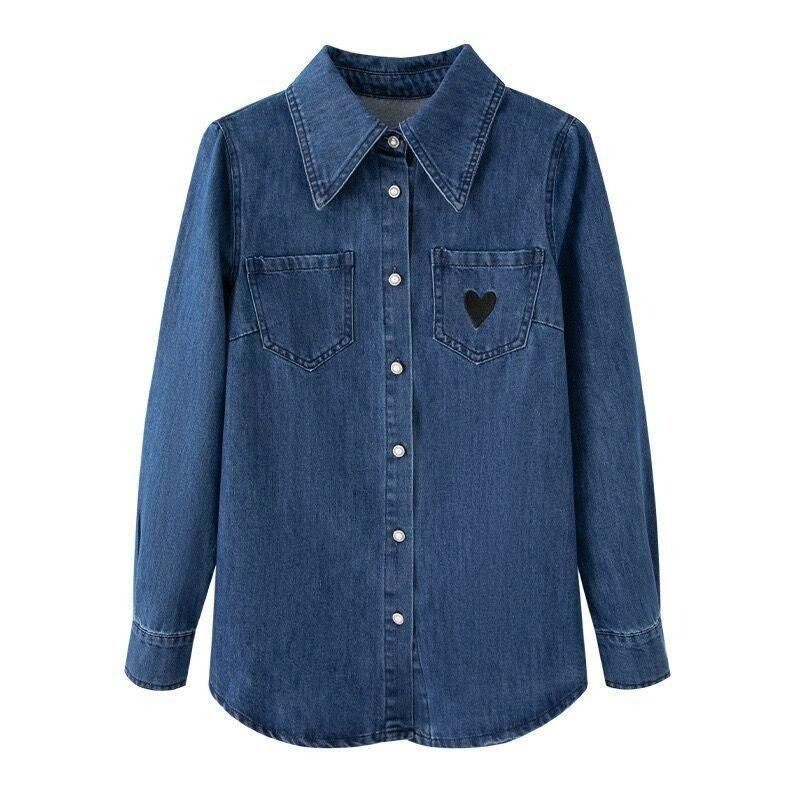 Îmbrăcăminte pentru femei, cămașă albastră, cu model de dragoste, cu guler polo și mânecă lungă, din denim de înaltă calitate, nouă, ușoară, de lux_voghion.com