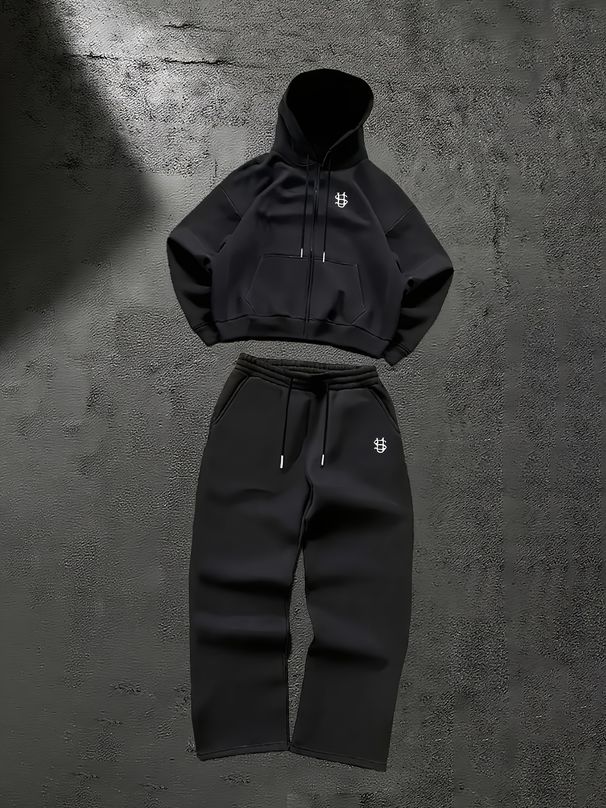 Men's Basic Embroidered With Zipper Straight Cardigan Design, Matching Set Including Hoodie And Drawstring Sweatpants_voghion.com