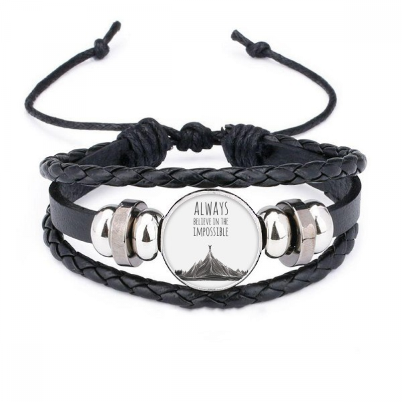 believe Impossible Black White Quote Bracelet Braided Leather Woven Wristband_voghion.com