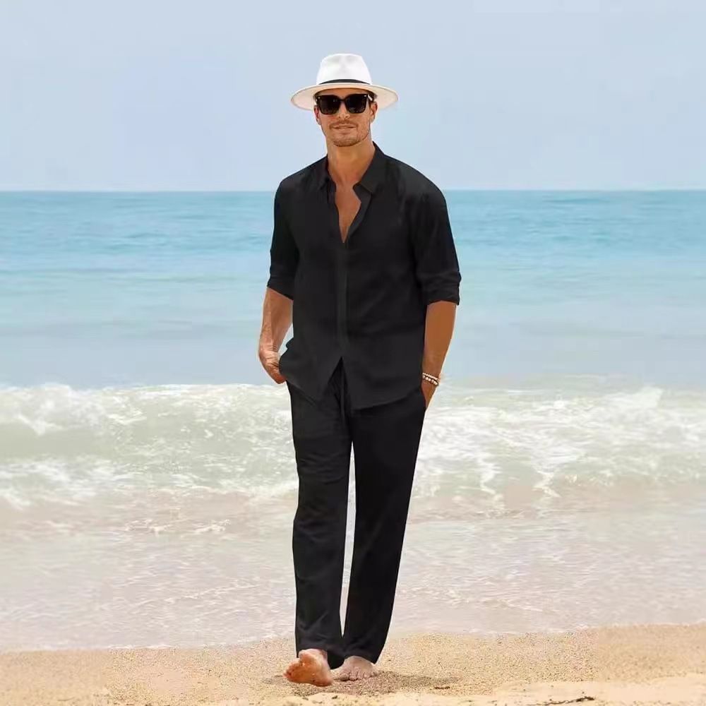 New Suit Solid Color Lapel Shirt Cardigan Two-Piece Set Light Mature Casual Beach Men's Outfit_voghion.com