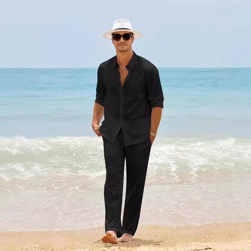 Men's Clothing casual suit solid color lapel shirt cardigan two piece suit_voghion.com