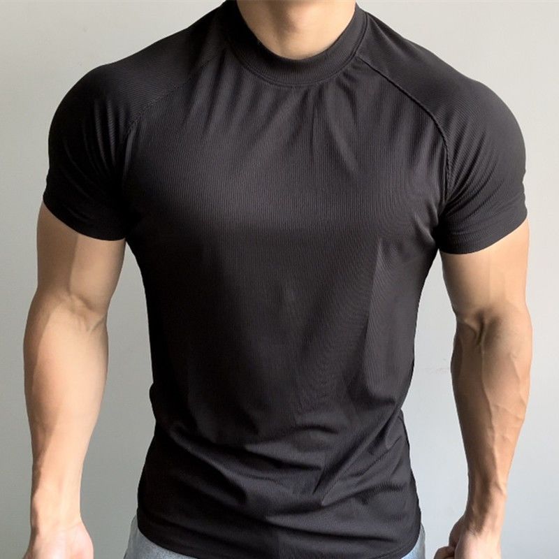 Summer Sports Outdoor Training Short Men's Slim Fit Elastic Quick-Dry Raglan Sleeve Small Neckline T-Shirt Solid Color_voghion.com