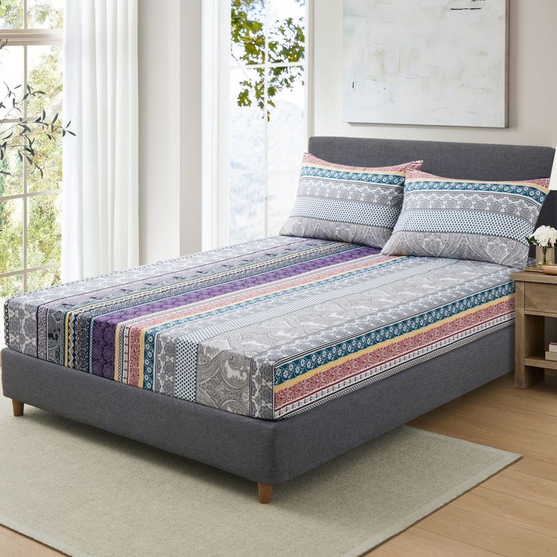 Bohemian Purple Tribal 3D Printed Polyester Bed Skirt Fitted Sheet With Elastic Hem, Multiple Sizes_voghion.com