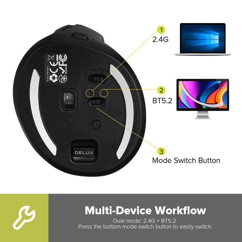 Delux M618 Mini Ergonomic Gaming Wireless Vertical Mouse Bluetooth 2.4GHz Rechargeable 4000dpi Silent Mice For Office_voghion.com