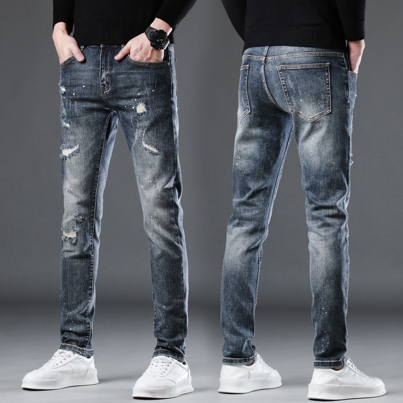 Paint dot high-end black small straight leg jeans stretch slim fit autumn and winter men's pants splash point_voghion.com