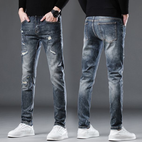 Paint dot high-end black small straight leg jeans stretch slim fit autumn and winter men's pants splash point_voghion.com