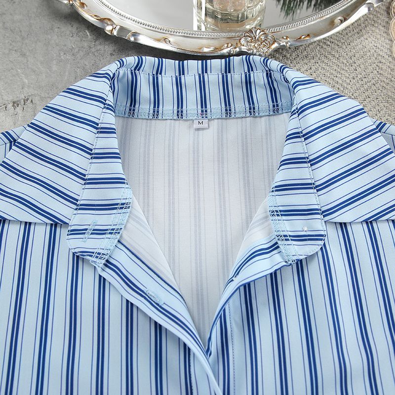 Dam Pyjamas Blå Randigt Mönster Dam Hemmakläder Väst Kofta Långärmade Byxor Pyjamas Tredelat Set_voghion.com