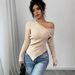 Women's Off-Shoulder Sweater - Trendy Irregular Hem V-Neck Pullover (S-L, Apricot)_voghion.com