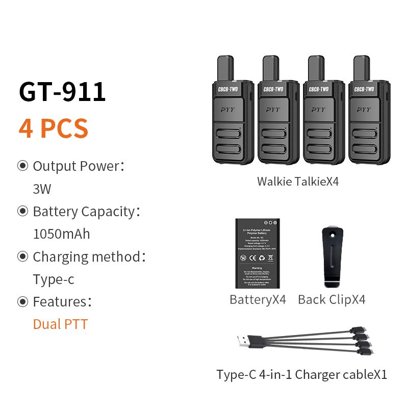 CBCBTWO 4PCS GT-911 Walkie Talkie Dual PTT Ultra-thin Walkie-talkie Portable PMR/FRS Two Way Radio Type C For Hotel_voghion.com