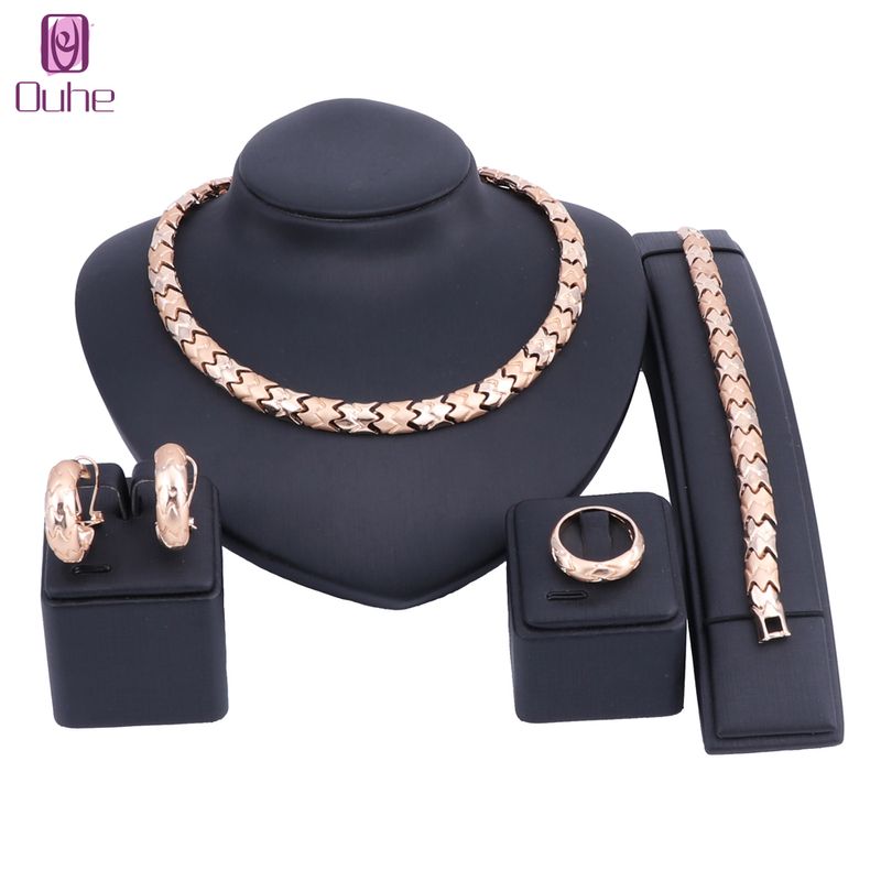 Moud Dubai Bijouen Sets Fir Fraen Afrikanesch Perlen Goldfaarf Nigerianesch Kostümschmuck Halskette Ouerréng Ring_voghion.com
