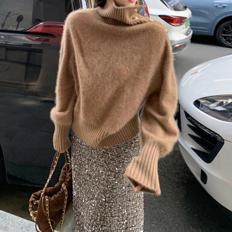 Damenpullover aus Wollmischung mit hohem Kragen – weiches Fleecefutter, elegante Laternenärmel, einfarbiges Strickoberteil für den Winter (Ahornbraun, Schneeweiß)_voghion.com