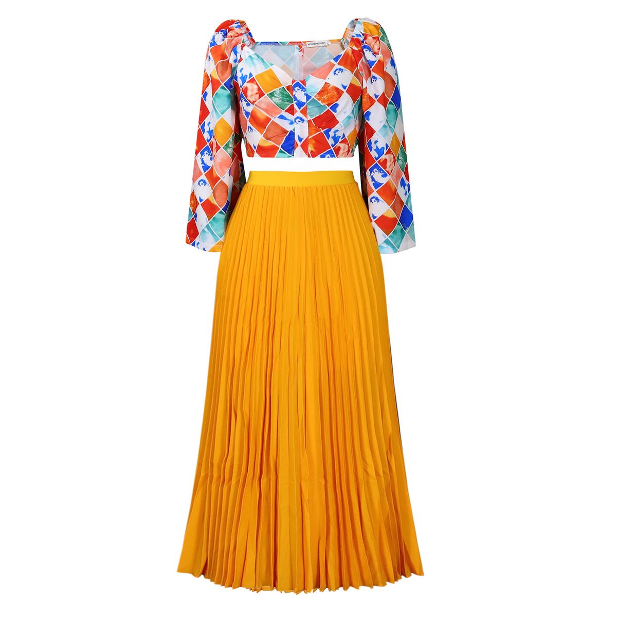 Gonna lunga plissettata con stampa a V e scollo a V, nuova moda estiva da donna, abito africano in due pezzi transfrontaliero_voghion.com