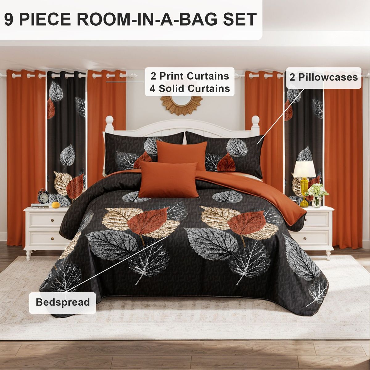 9 Piece Soft All-Season Washed Microfiber Cover Set , Queen/King/Calking Bedding Set With Pillowcases,Bedspread Print Curtains & Solid Curtains,Print, Moisture-Wicking, Soft ,Cooling, Easy Care_voghion.com