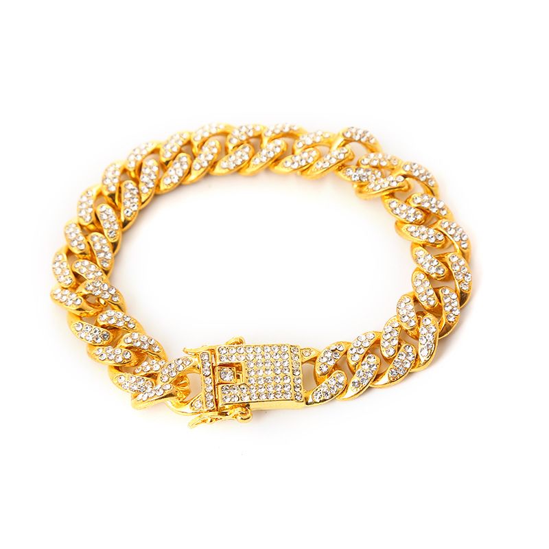 Trendy Personality Men's Cool Hip-Hop Accessories Big Gold Inlaid With Dias Cuban Chain Bracelet Necklace_voghion.com