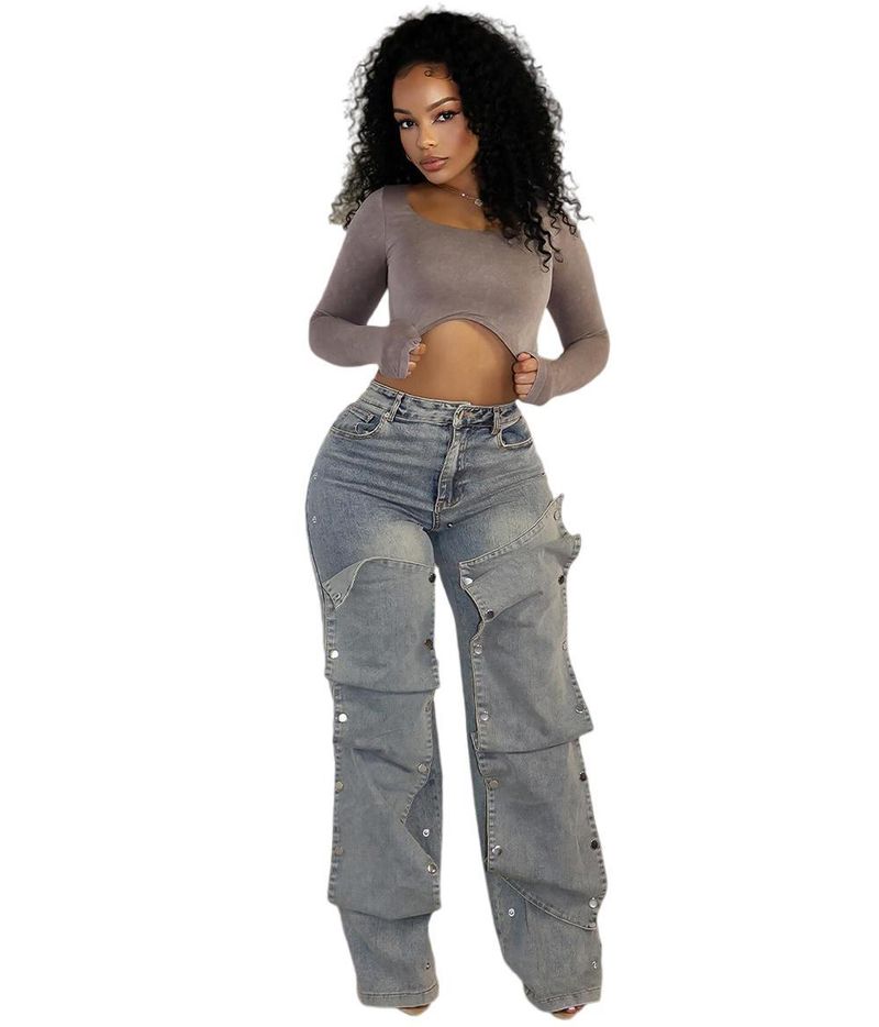 Lige jeans Street Fashion aftagelige bukser med høj talje_voghion.com