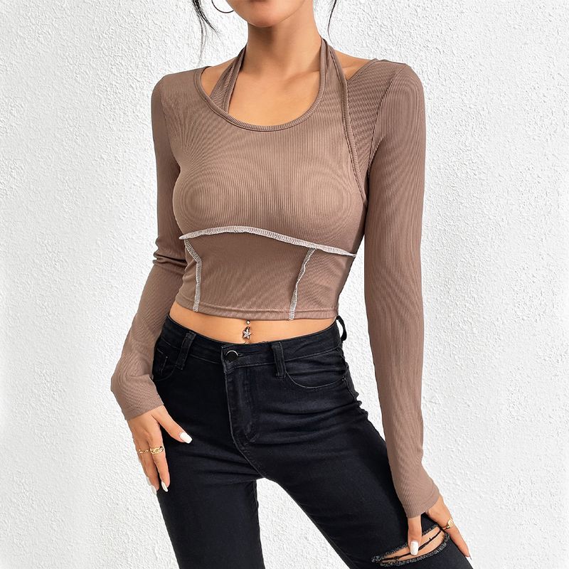 Maglia aderente a maniche lunghe in maglia alla moda autunno-inverno da donna europea con cuciture a vista e colletto largo per abbigliamento alla moda_voghion.com