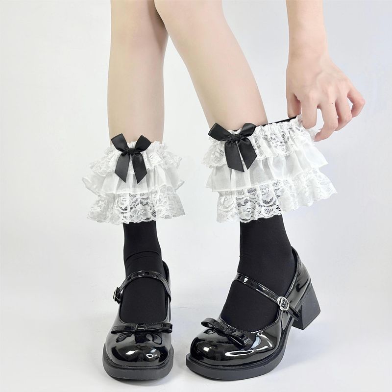 Lolita Multi layer Lace Over Knee Socks Ribbon Sweet Girl Bow College Style_voghion.com