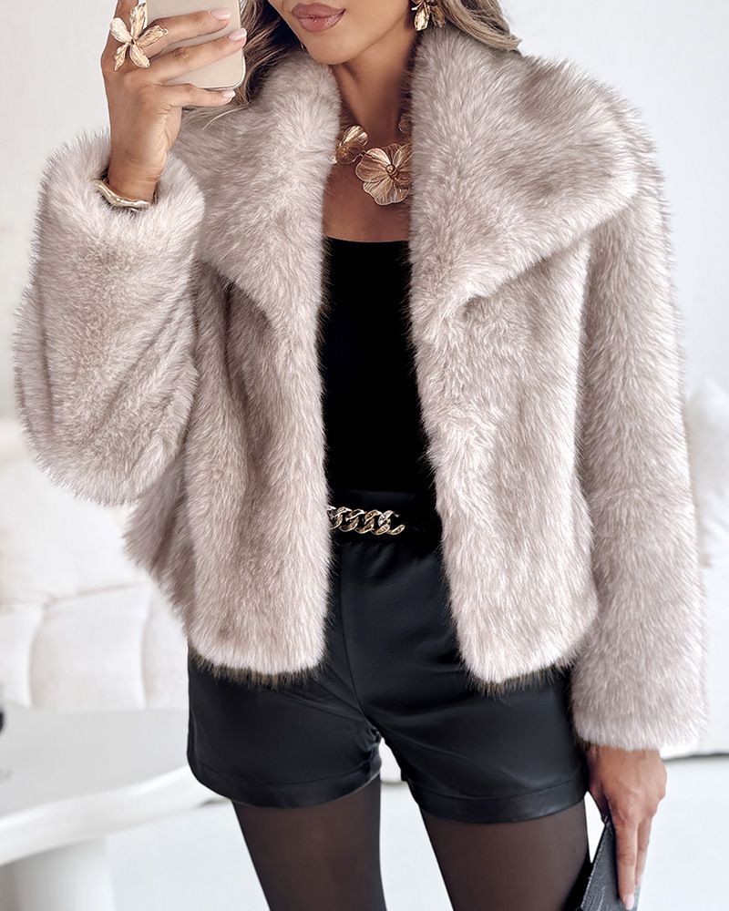 Cappotto con collo in pelliccia sintetica – Giacca corta con revers oversize per donna (poliestere, S-XL, beige/grigio/stampa leopardata, stile ufficio chic di ispirazione britannica)_voghion.com