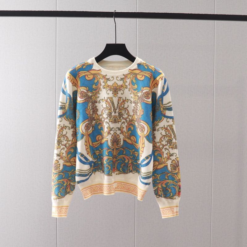 Women's Clothing Retro Abstract Printed Round Neck Long Sleeve Sweater Joker Slim Bottoming Sweater_voghion.com