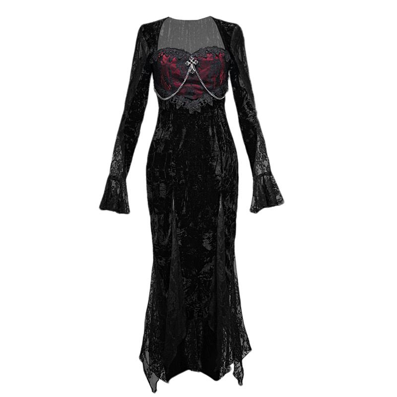 Vestido de cola de terciopelo adelgazante de encaje rojo oscuro gótico de cementerio de rosas_voghion.com