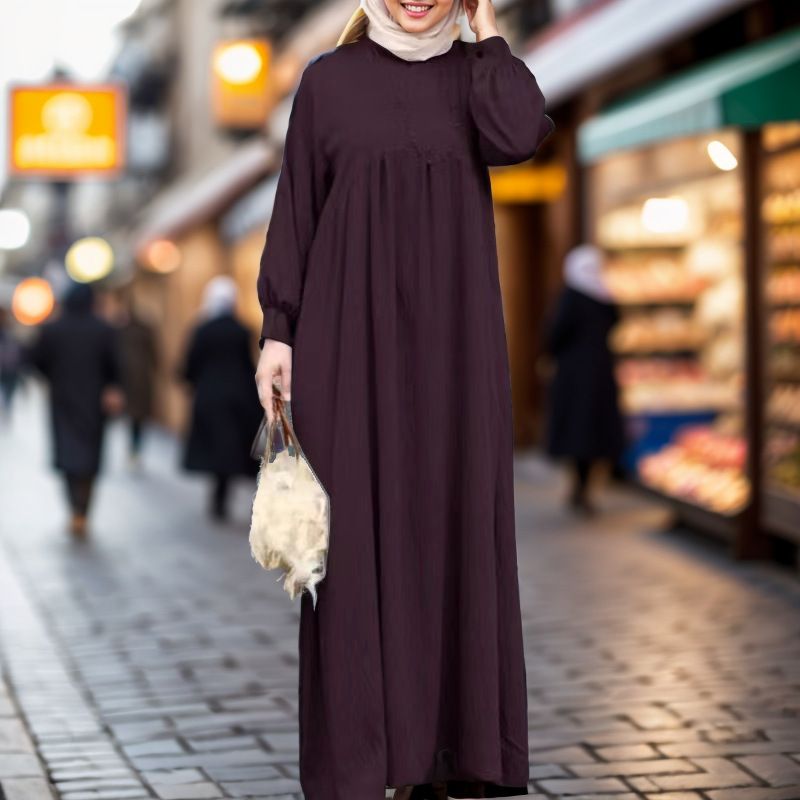 Women's Clothing Middle East Muslim Solid Color Large Size Long Sleeve Loose Pullover Casual Long Dress_voghion.com