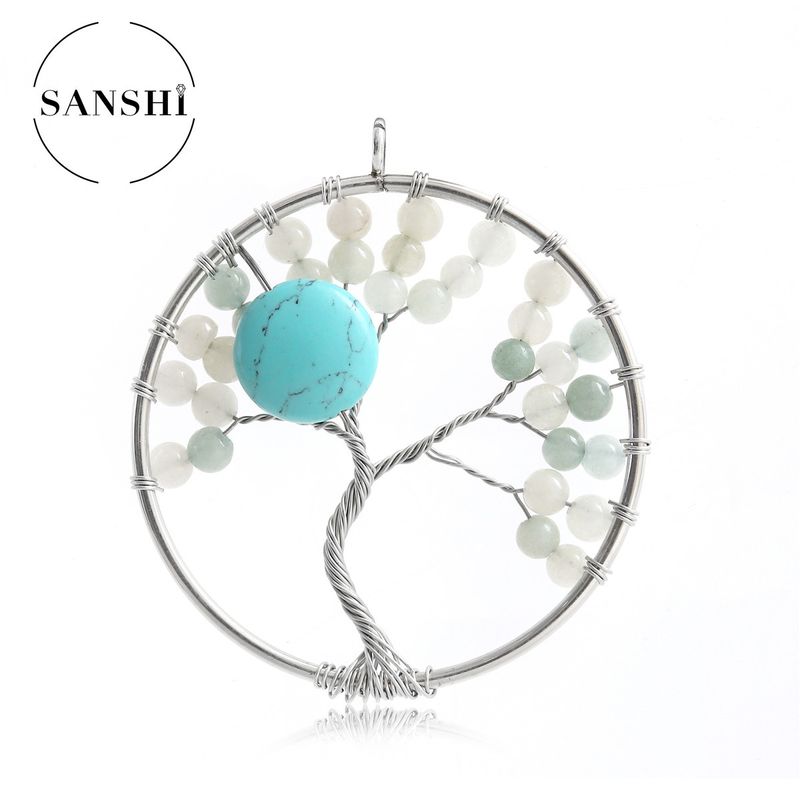 Men's Jewelry Natural Stone Seven Color Round Beads Fortune Tree Pendant Natural Crystal Gravel Copper Wire Winding Tree Of Life Pendant_voghion.com