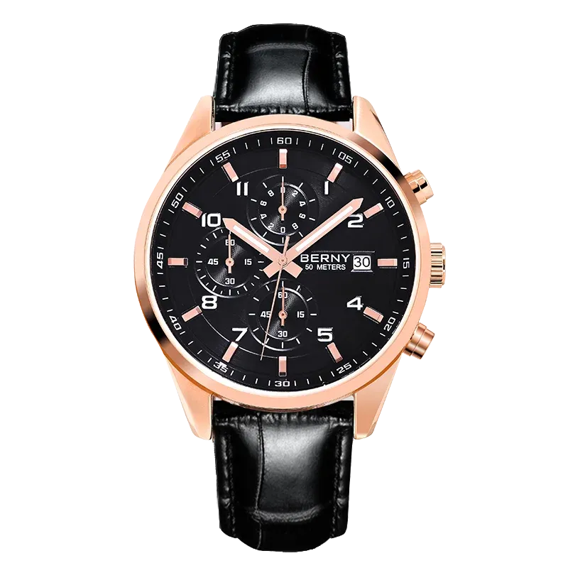 Relojes BERNY para hombre, cronógrafo de cuarzo de 42 mm, reloj de pulsera deportivo con zafiro, fecha luminosa, multifunción y cronometrador._voghion.com