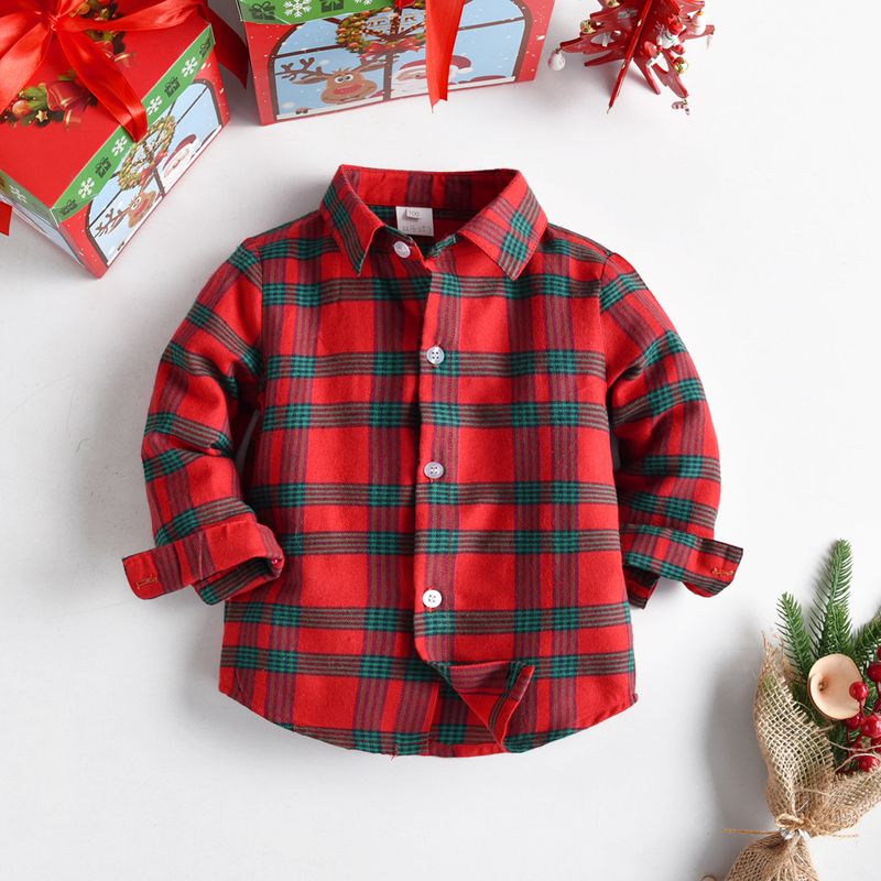 Camisa de algodão de natal das crianças meninos bebê crianças primavera e outono camisa xadrez de manga longa roupas de férias_voghion.com