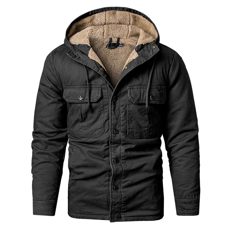 Amerikanische Größe Herren Steppjacke mit mehreren Taschen in Übergröße und dicker Kapuze Steppjacke Mittellange Steppjacke aus Lammfleece_voghion.com