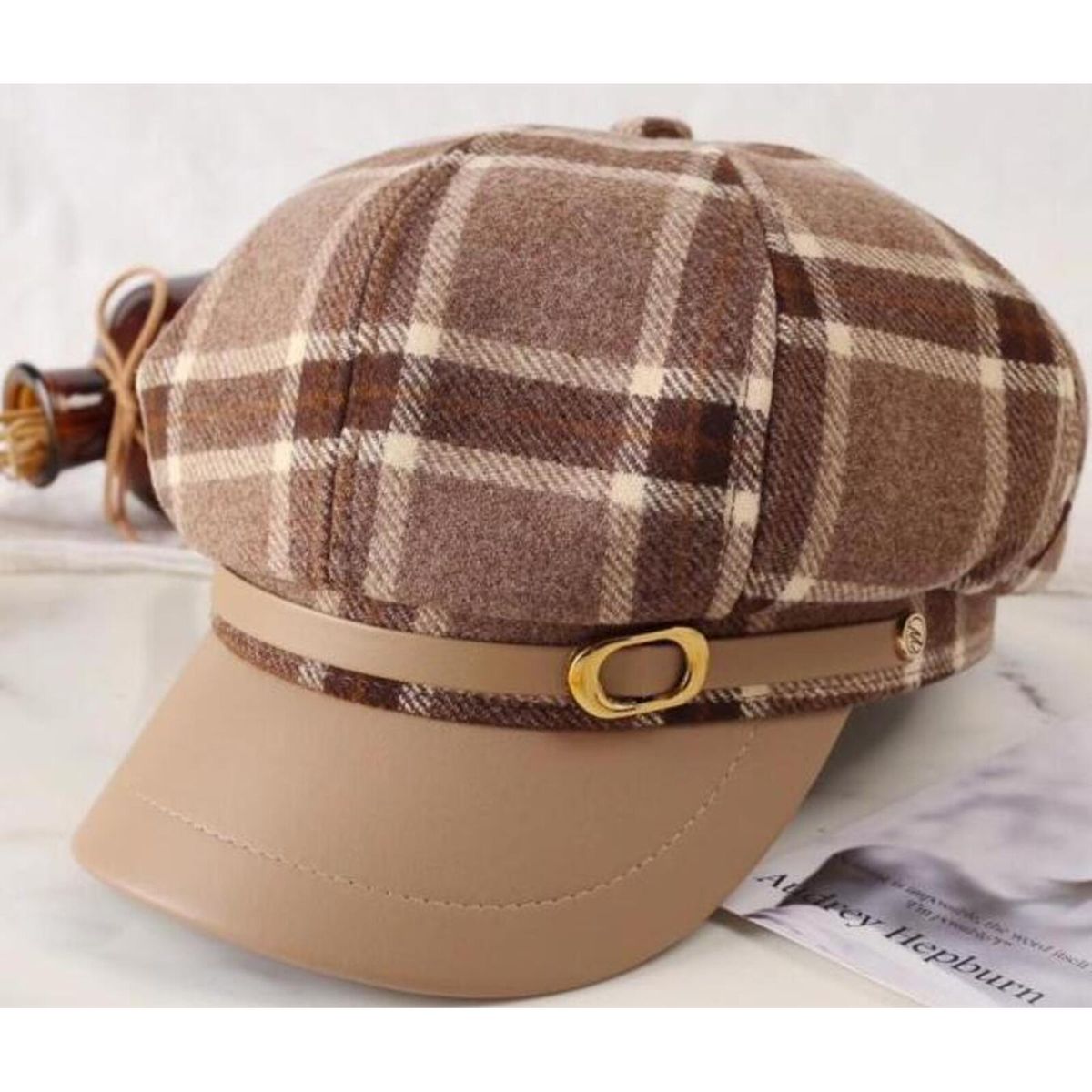 Cappello ottagonale in pelle PU, autunno inverno, berretto da strillone versatile in lana scozzese britannica da donna_voghion.com