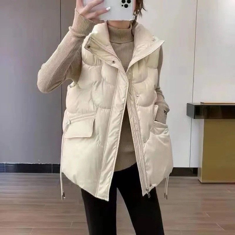 Gesteppte Weste für Damen – Leichter, wattierter Mantel mit V-Ausschnitt, Reißverschluss vorne und Polyester-Außenmaterial für Herbst-Winter-Mode_voghion.com