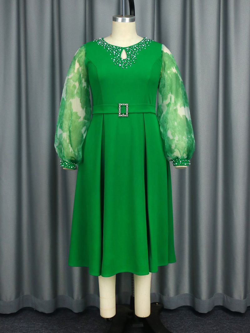 Damenbekleidung Rundhals Laterne Ärmel A-Linie Rock Pendler Party Mode Robe Abendkleid_voghion.com